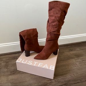 Ruched suede brown tall boots